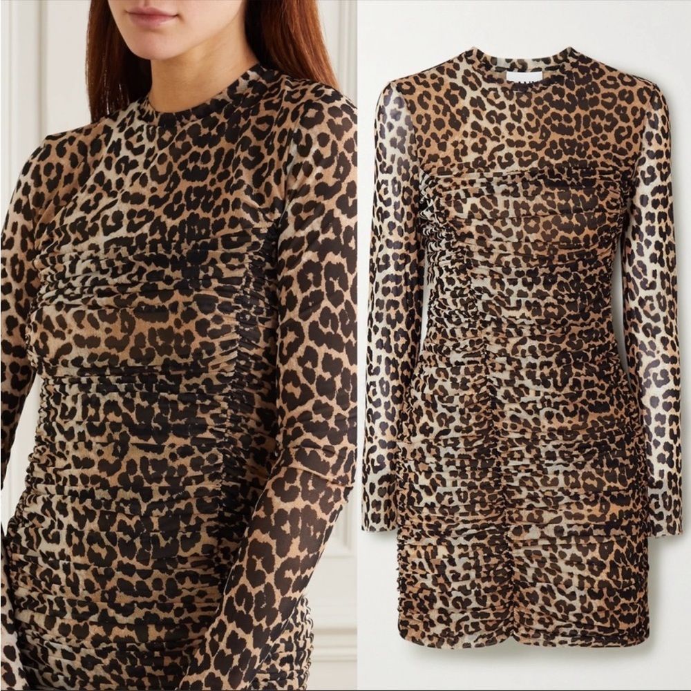 GANNI Leopard Ruched Mesh Dress 36 - Picture 2 of 8
